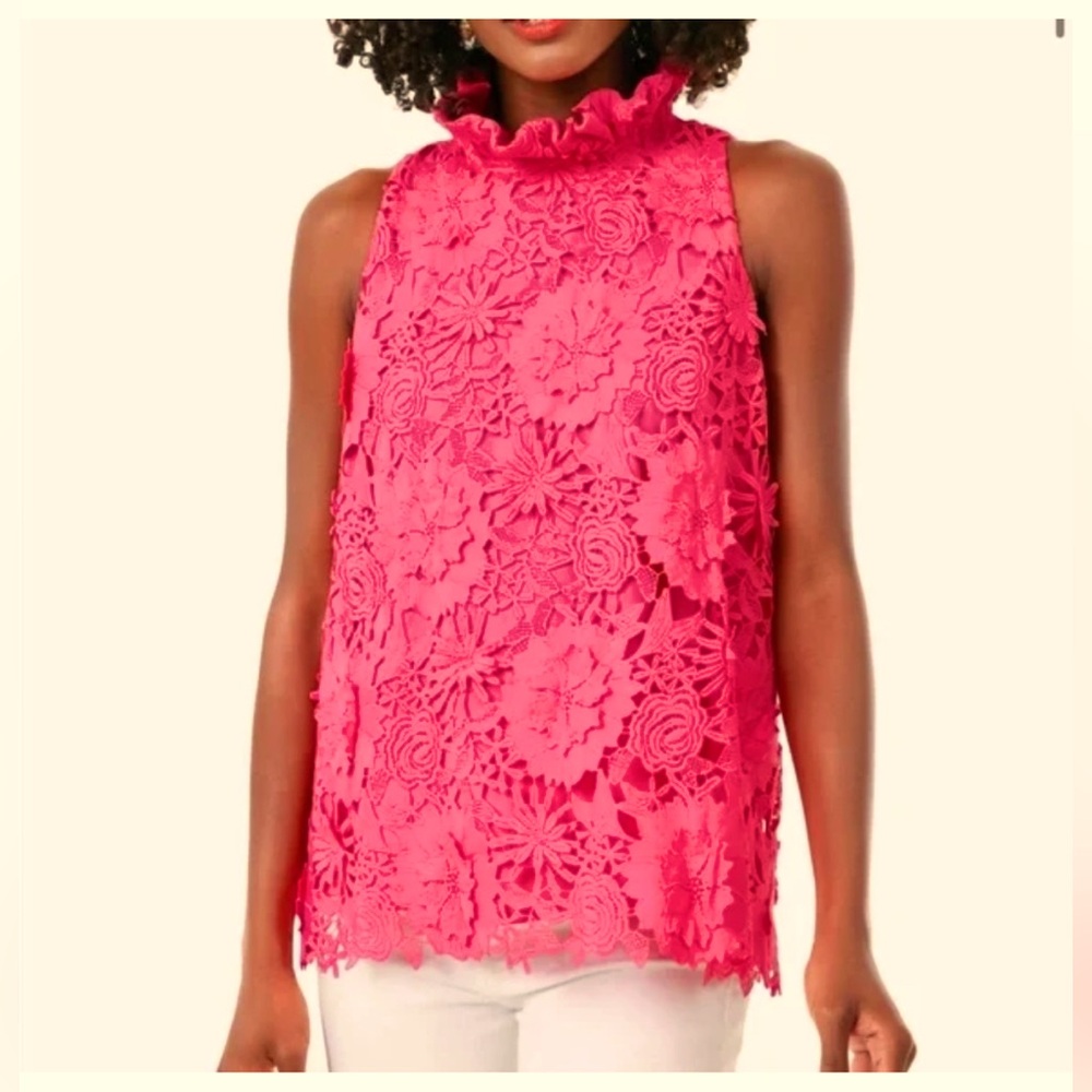 EUC Tuckernuck Hibiscus Guipure Lace Mason Top Pink XS